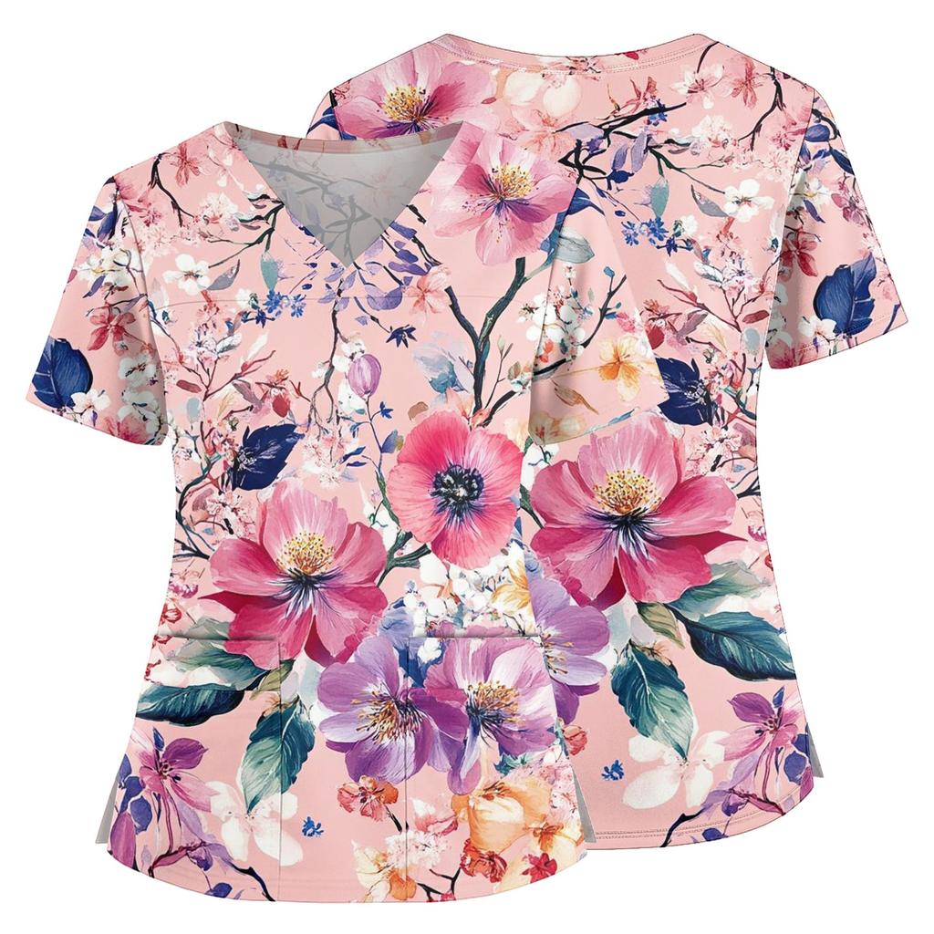 Medizinisches Kasack-Oberteil mit Blumendruck, V-Ausschnitt, Taschen und Seitenschlitzen, Kurzarm, Krankenschwester-Uniformhemd für Damen