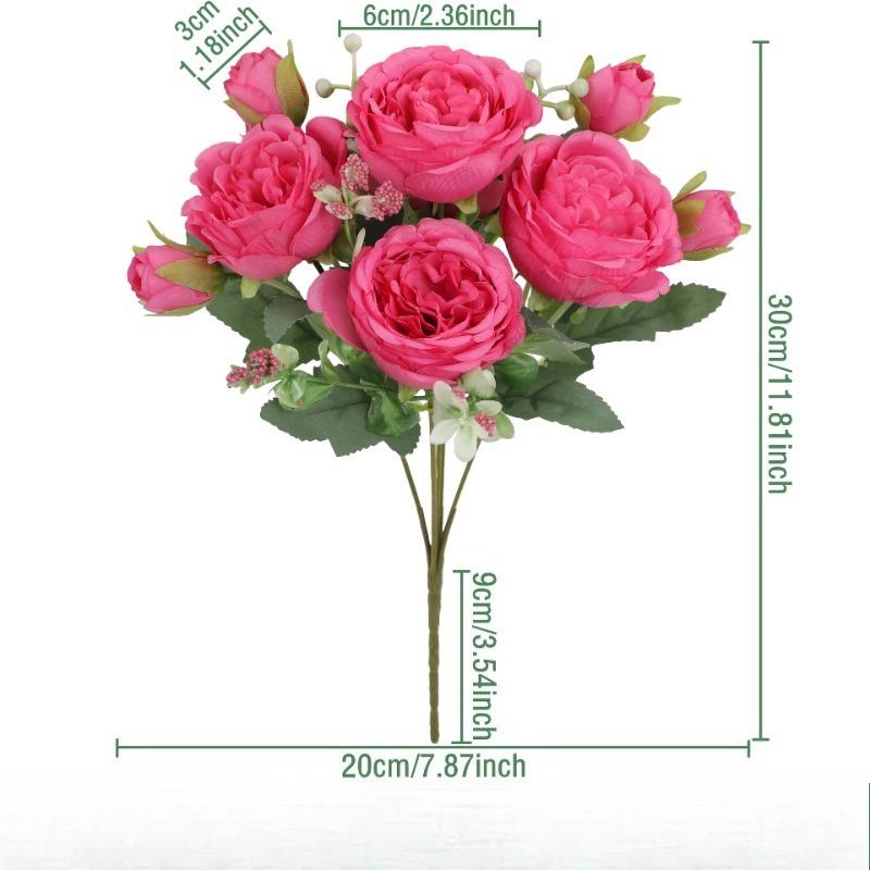 Rose Pink Silk Peony Artificial Flowers Bouquet 5 Big Head and 4 Bud Cheap Fake Flowers for Home Wedding Decoration indoor