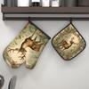 2Ps Deer & Floral Heat-Resistant Oven Mitts - Stylish Black & Golden Design, Perfect for Baking & Cooking, Id