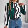 Fashion Women Long Sleeve Blouse Stripe Print Bow Collar Shirt Spring Autumn Top Temperament