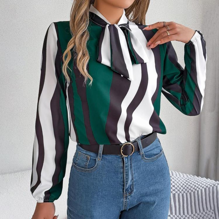 Fashion Women Long Sleeve Blouse Stripe Print Bow Collar Shirt Spring Autumn Top Temperament
