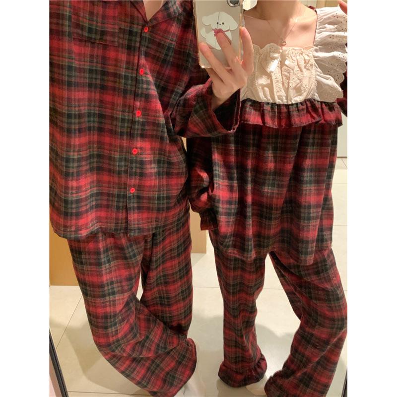 Korean Style Plaid Lace Couple Homewear Set - Autumn/Winter