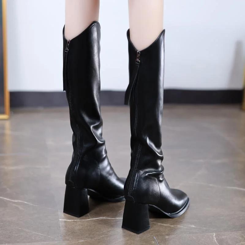 Fashion Women's Long Boots Elegant Heeled Square Toe High Heels Ladies Knee Shaft Shoes New In Chic Pu Fashion 2024 Spring Autumn Gyaru