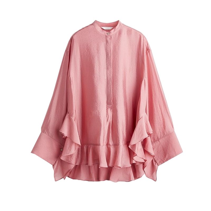 

New Fall Women s Clothing Sweet Style Loose round Neck Batwing Long Sleeve Ruffles Shirt Tops 1301442 Pink XS