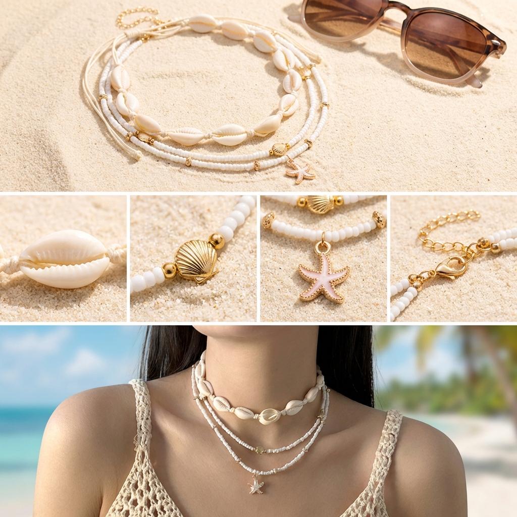 Bohemian Multilayer Starfish Sea Shell Necklace For Women Fashion Imitation Pearl Rice Beads Chain Choker Summer Beach Jewelry
