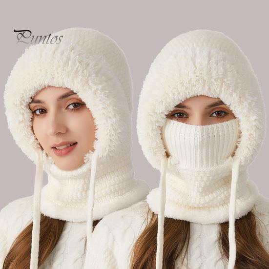 Women Winter Hat with Integrated Scarf Cold-proof Front Cover Thick Knitted Warm Solid Color Full Protection Outdoor Cycling Travel Cold Weather Cap
