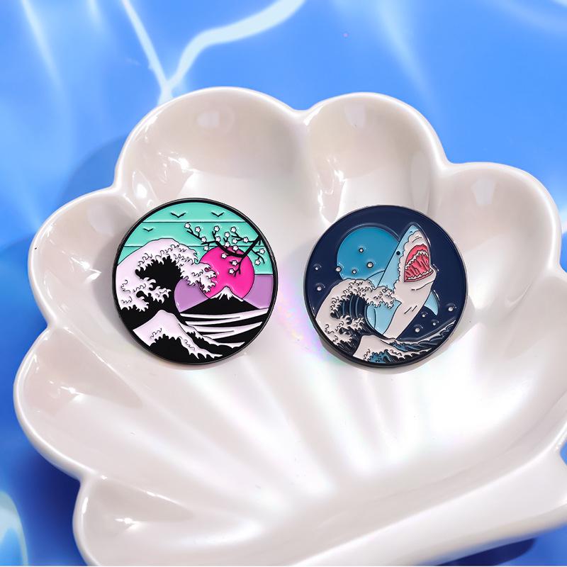 Vibrant Asian Style Scenic Metal Enamel Pin: Sea Wave Brooch or Scarf Clip Gift
