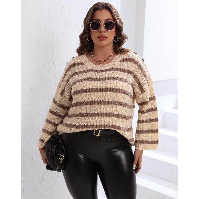 

Пуловер свободного кроя с прямыми рукавами, декорированный пуговицами, с цветовыми блоками 3XL бежевый