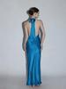 Elegant Acetate Halter Neck Dress with Crystal Buckle