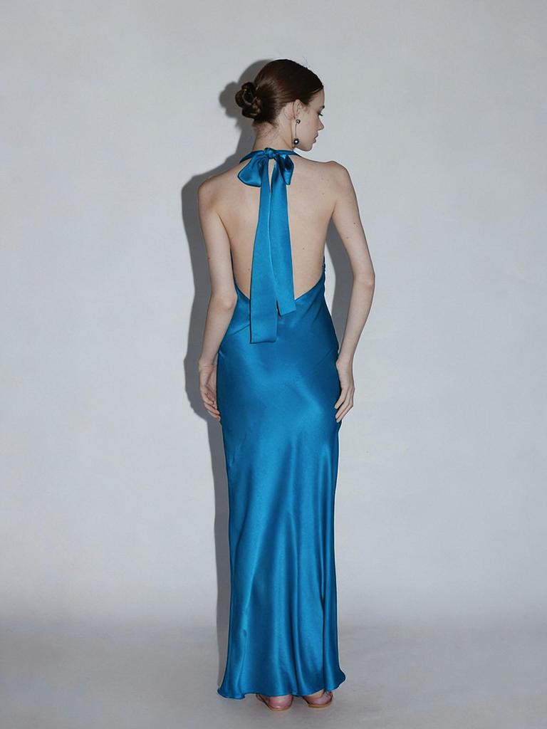 Elegant Acetate Halter Neck Dress with Crystal Buckle