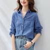 Blue Plaid Shirt Women's Long-sleeved Spring Clothes New Style Literary Plaid Top Temperament Retro Shirt