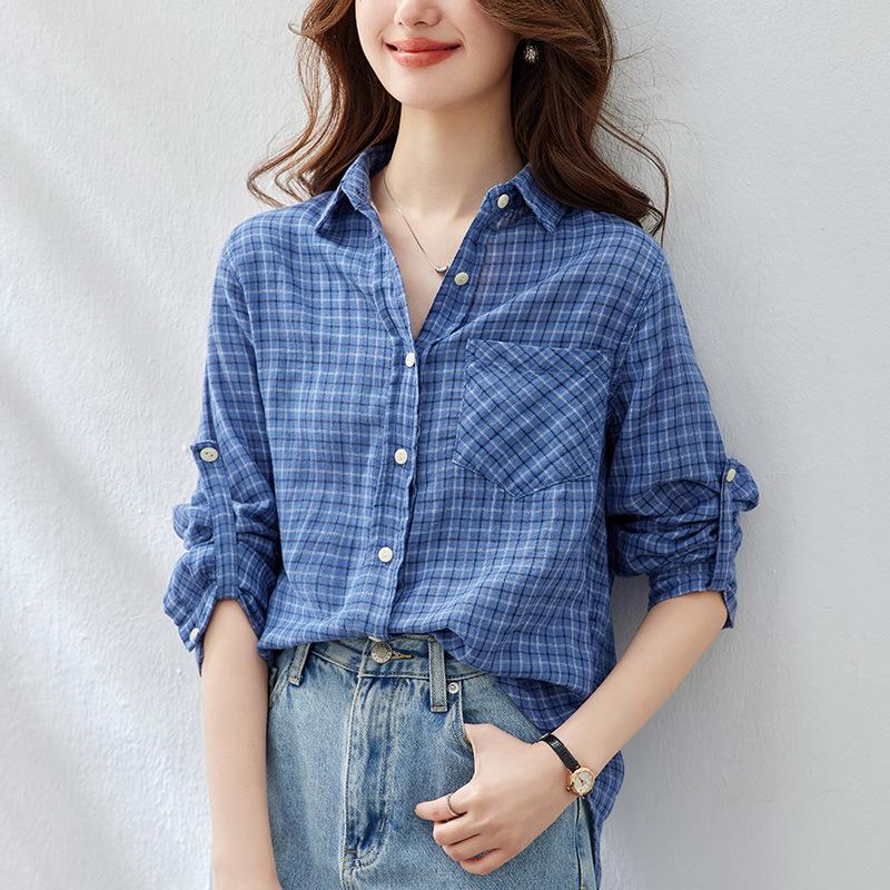 Blue Plaid Shirt Women's Long-sleeved Spring Clothes New Style Literary Plaid Top Temperament Retro Shirt
