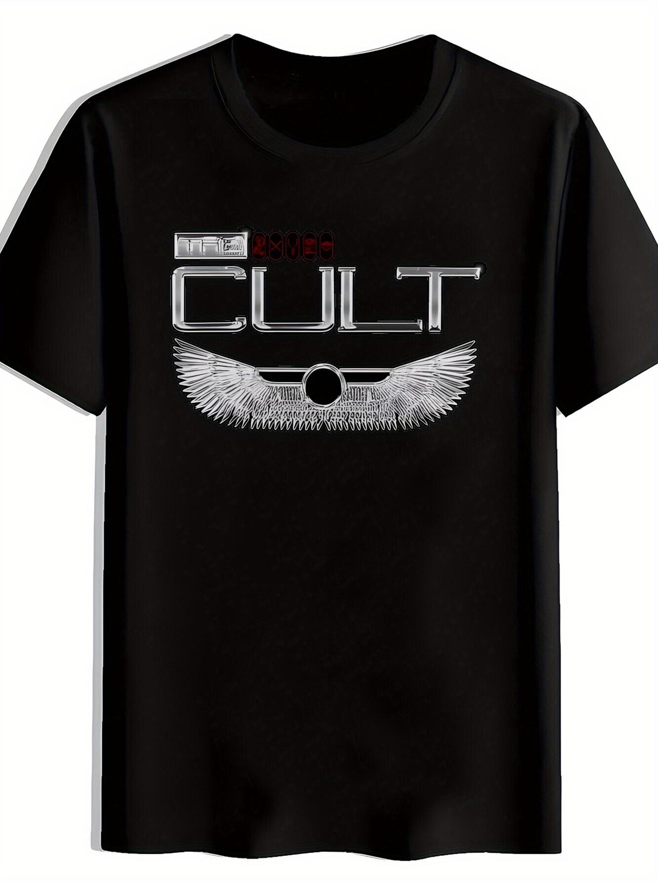 

Vintage Rock Band Graphic T-shirt - Black Short Sleeve Round Neck Tee with Cult Wing Design & Metallic Lettering XL