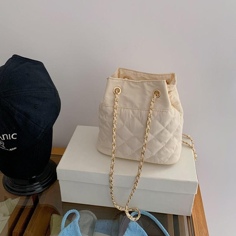 Premium Diamond Plaid Chain Bag Longxin Same Look Natural Cotton Cream Bundle Bag Small Size Bucket Bag Shoulder Bag Durable Material