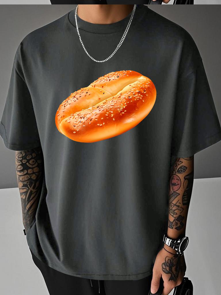 Unisex Summer White Short Sleeve Tee Realistic Sesame Bread Food Graphic Print Crew Neck Loose Casual Male Daily Street Tops