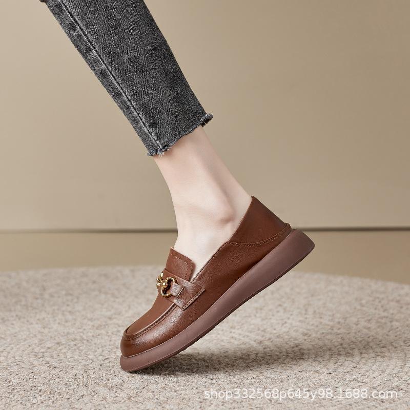Leather Women's 2026 Spring and Autumn New Thick-soled Heightening Soft-soled Black British-style Small Leather Shoes
