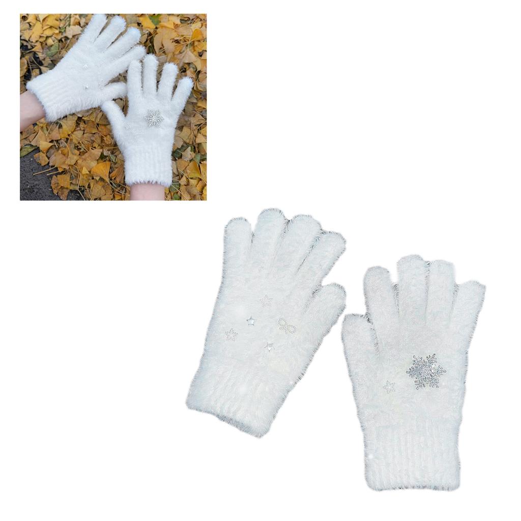 Snowflake Full Finger Gloves for Women Fashion White Short Gloves Cashmere Like Gloves for Teens Girl Casual Hand Warmer