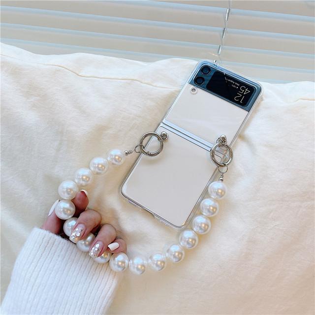 Luxury Pearl Lanyard Phone Case For Samsung Galaxy Zflip 4 Fashion Wristband Cover For Galaxy Z Flip Funda Capa Z Flip 3 5g Etui