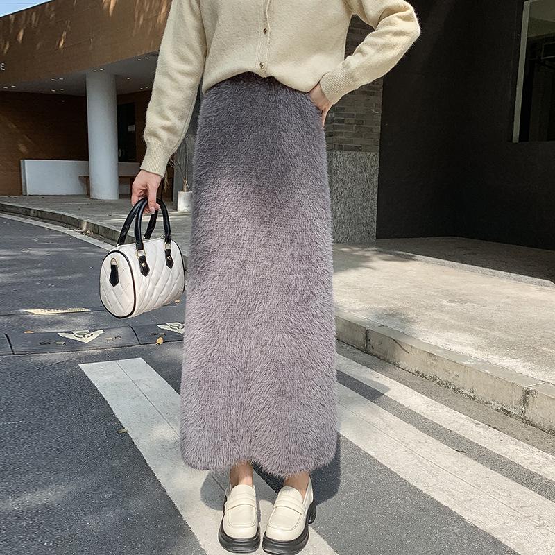 Korean Style Slimming Faux Mink Knit A-Line Midi Skirt for Women - Warm, Winter-Chic