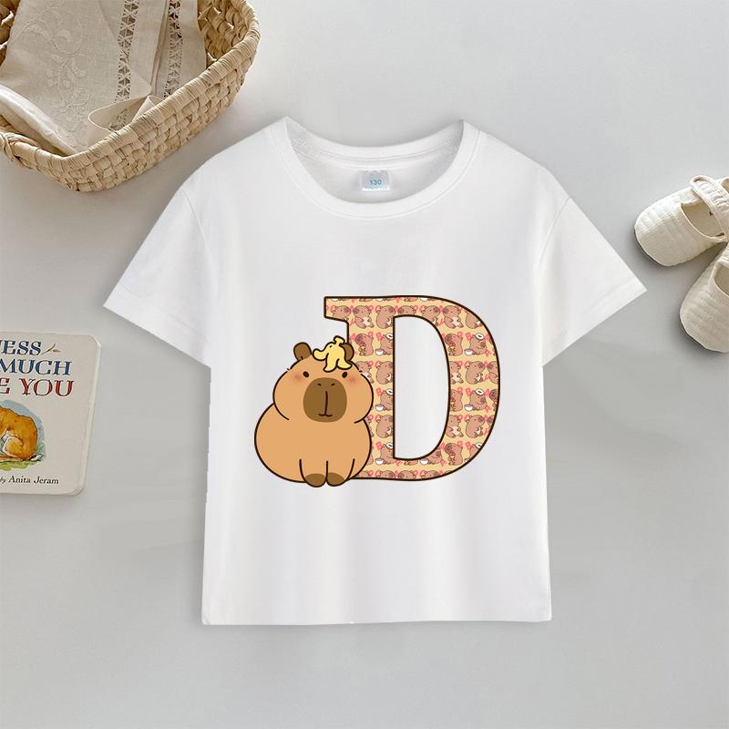 Tričko kapybara Potisk písmen A-Z Top Roztomilý Kreslený Anime Chlapecké Dívčí Oblečení Bavlna Kulatý Výstřih Kojenecké Krátký Rukáv Venkovní Oblečení