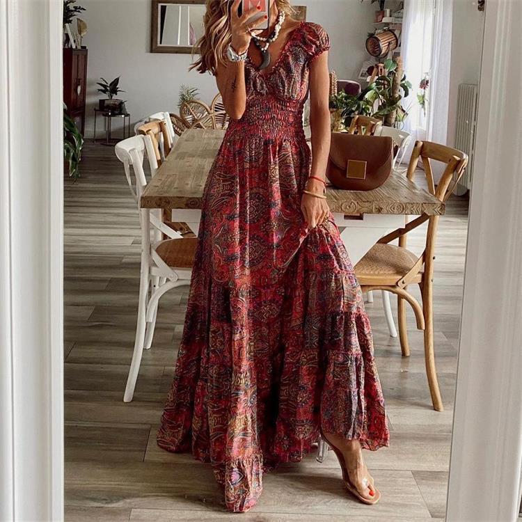 Maxi robe Bohème Rétro Florale 2022 avec Ceinture Définissant la Taille et Évasée