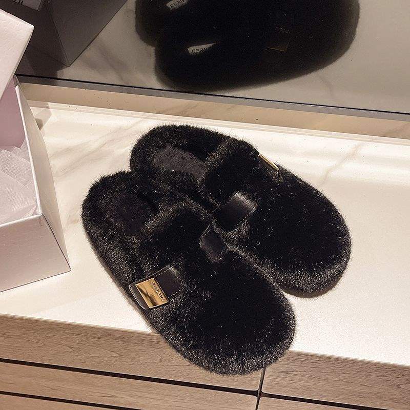 Flat-bottomed bag head fluffy slippers for women's outer wear 2025 new autumn and winter feeling one pedal rabbit fur plush cotton slippers