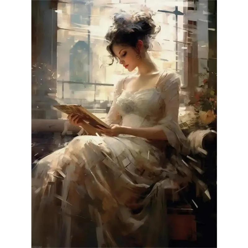 Vintage Read Elegant Girl Book Lovers Poster Women Portrait Oil Painting On Canvas Painting Wall Art Picture for Room Home Decor