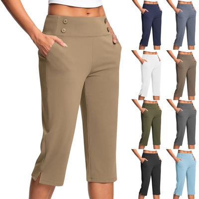 Damen Modische Einfarbige Hosen mit Knopf und Tasche mit Schlitzsaum Hohe Taille Sport Yoga Lässig Cropped Hosen