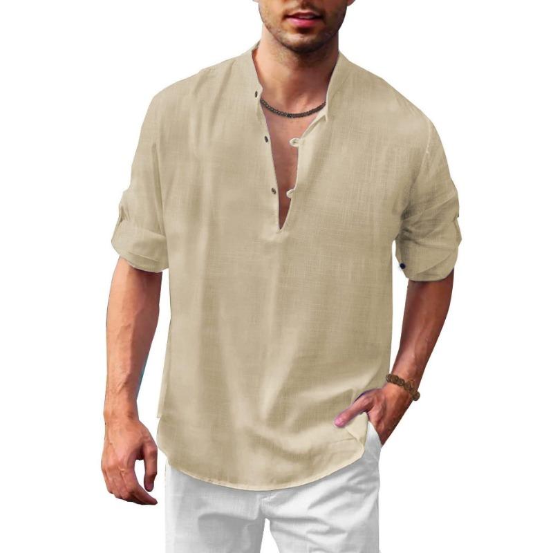 Men's Linen Henry Shirt Stand-up Collar Long-sleeved Casual Beach Shirt