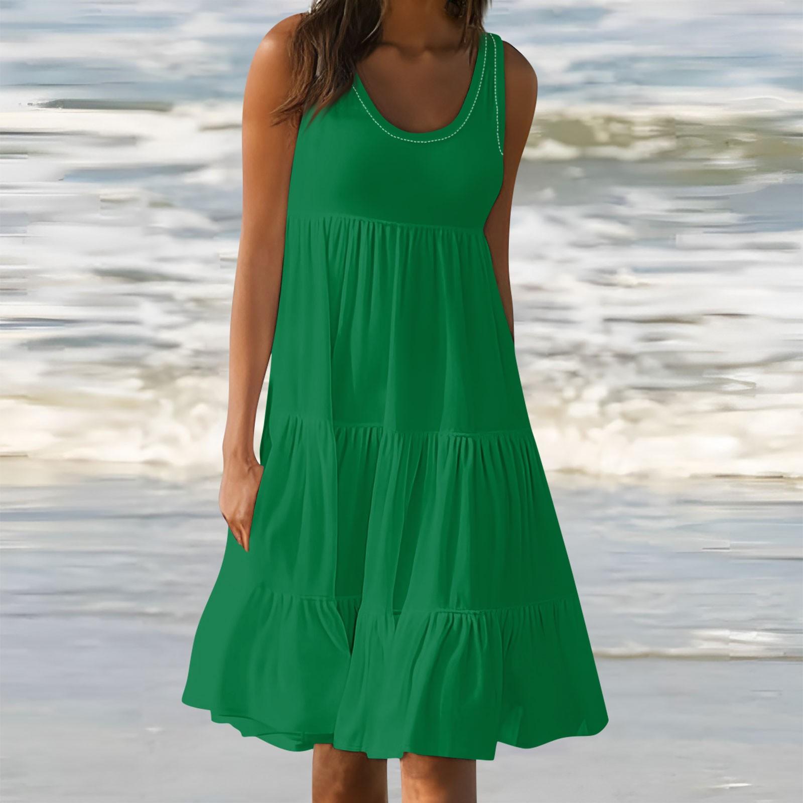 

Женские платья-жилеты Лето-весна Плиссированные богемные платья Симпатичные струящиеся пляжные платья без рукавов Прямая футболка Платья-майки Платья с круглым вырезом XXXL зелёный