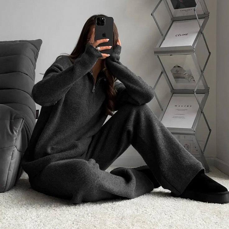 Women Solid Color Long Sleeve Hooded Hoodies Suit Autumn Winter Loose Top Wide Leg Pants