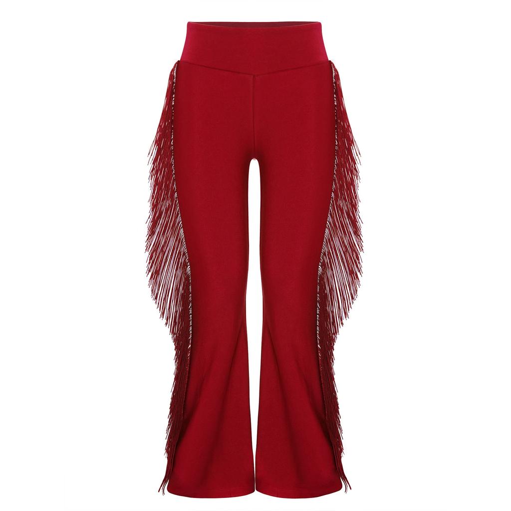 Chłopięce spodnie do tańca latynoamerykańskiego elastyczny pas z frędzlami styl dzwonów spodnie do występów ballroomowych