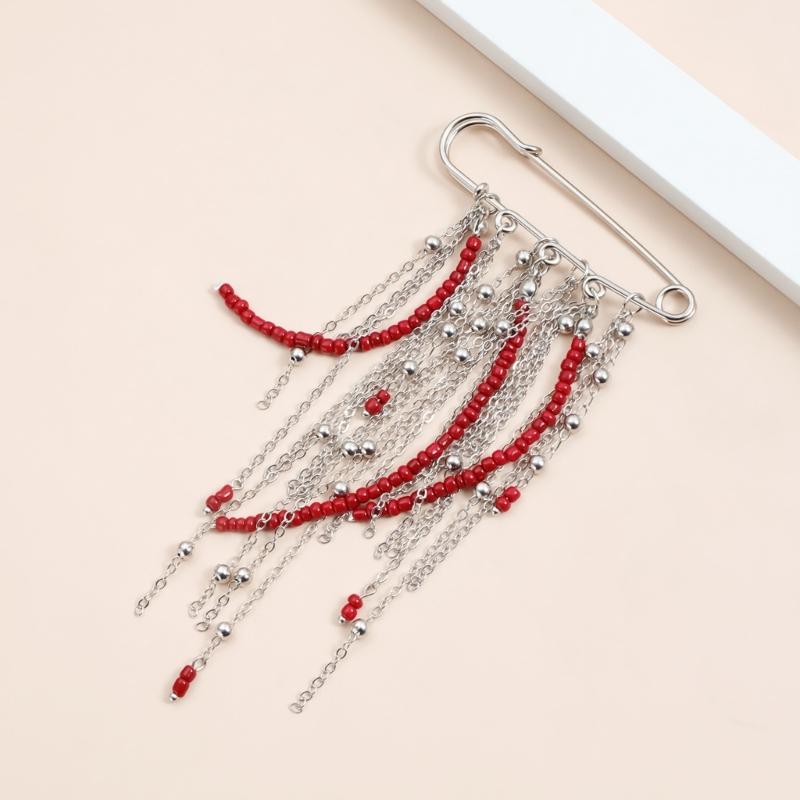 Retro Brooch Pin with Red Bead Accent and Flowing Tassels Detail Multi Chain Detail Alloy Corsage Stylish Enhancement