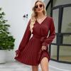 Solid Elegant Spring Dress Women Lace-up V-neck A Line Short Dress Summer 2026 Casual Pleated Long Sleeve Dresses Vestido 25154