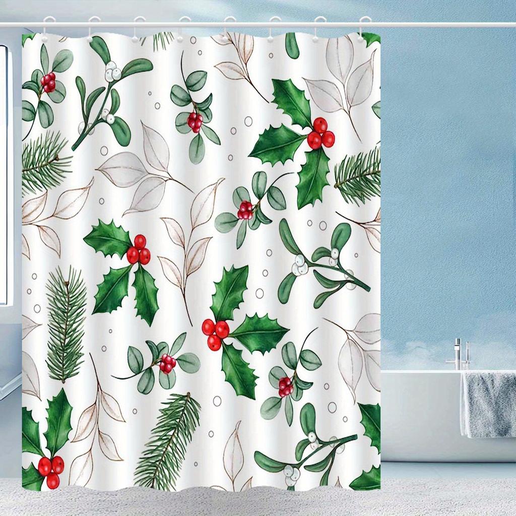 1pc Fresh Christmas pine branch pattern shower curtain, polyester fabric, machine washable, suitable for bathroom decoration