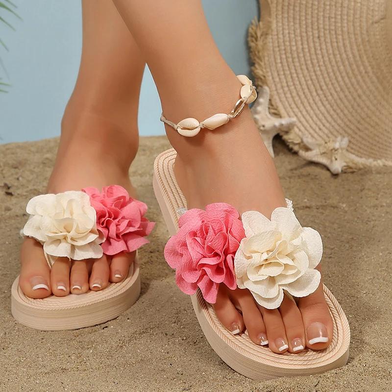 Fashion Mix Color Double Flower Decor Flip Flops for Women 2025 Summer Comfort Flat Beach Slippers Woman Lightweight Clip Toe Slides
