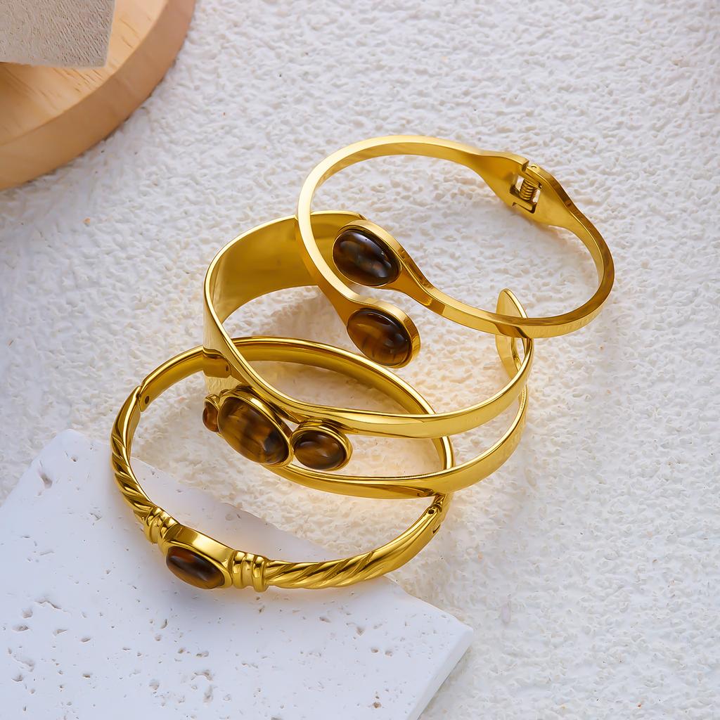 Exaggerated Retro Gold Plated Stainless Steel Bracelet for Women Men Natural Stone Smooth Hollow Bracelet Charms Jewelry Gifts