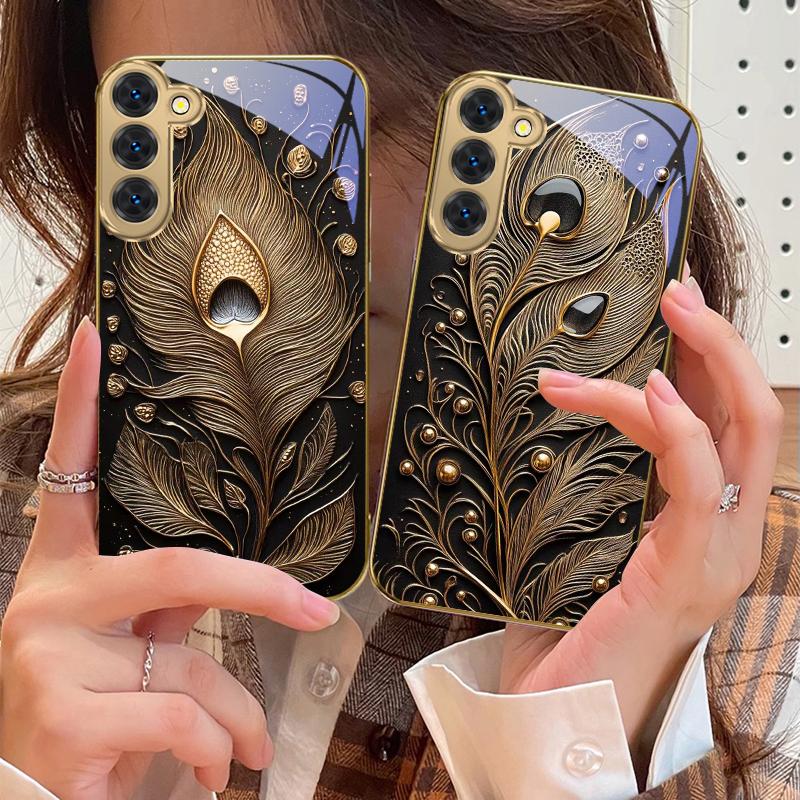 Golden Feather Gemstone For Samsung Galaxy S20 FE S21 S22 S23 Plus S24 Ultra 25Ultra S21+ S9+ S22Plus Golden glass phone case