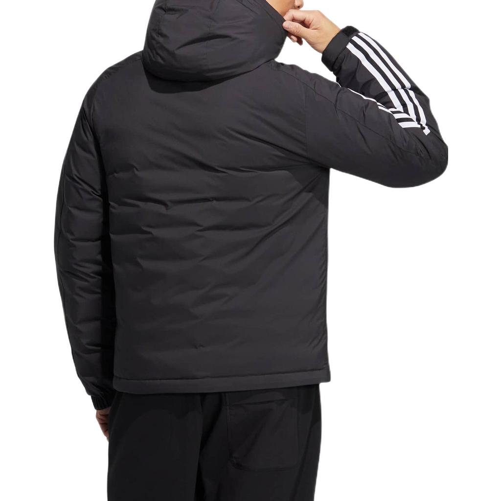 adidas Solid Striped Logo Print Hooded Zip Down Jacket Men Outerwear Black HN2123