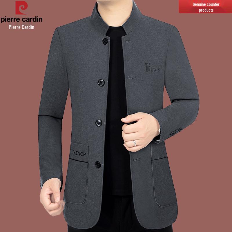 Pierre Cardin Men's Woolen Stand-Up Collar Jacket – Spring/Autumn Business Casual for Middle-Aged Dads.