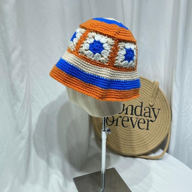 Sweet Girl Crochet Bucket Hat Cute Ladies Fisherman Cap with Flower Pattern Woman Teenagers Casual Summer Sunproof Hat