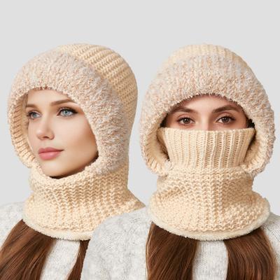 Yousheng 3 In 1 Knit Hat Solid Color Plush Trim Velvet Lining Winter Hat Scarf Face Guard Set Windproof Fleece Lined Headwear