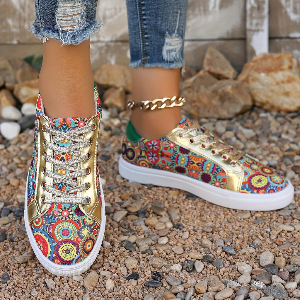 Comfortable Plus Size Women's Fashion Sneakers - Breathable Fabric, Floral Print, Lace-Up Low Tops with Non-Slip PU Cover Sole