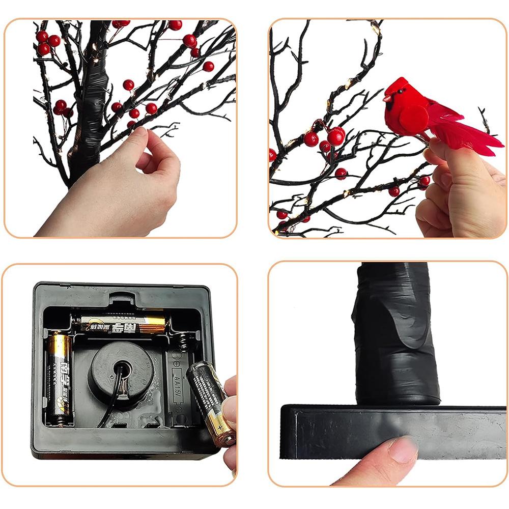 Christmas LED String Lights with Red Berries and Birds - Festive Tabletop Ornaments and Tree Decor