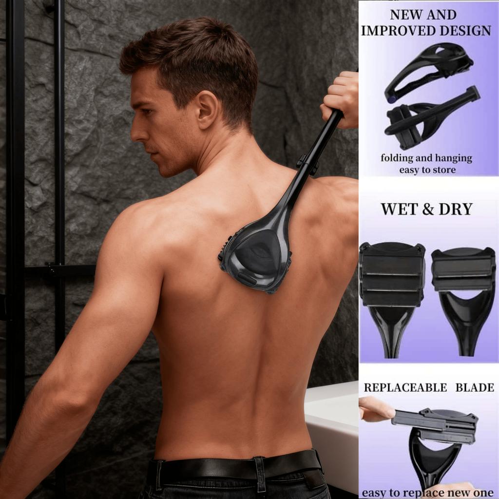 1 Set Manual Razor with Foldable Long Handle - Double/Triple Blade, Integrated Exfoliating Shaving Head, Back & Full-Body Hair Removal for Chest