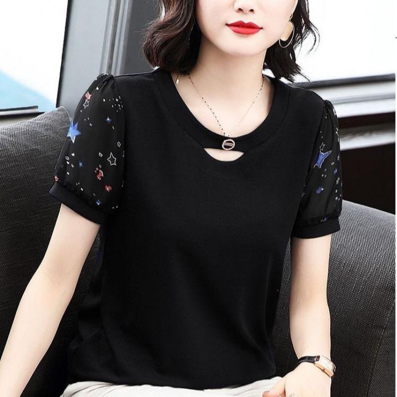

Printed Chiffon Shirt for Women with Short Bubble Sleeves, Round Neck, Loose Fit, and Comfortable Top for Middle-aged Mothers 4XL чорний