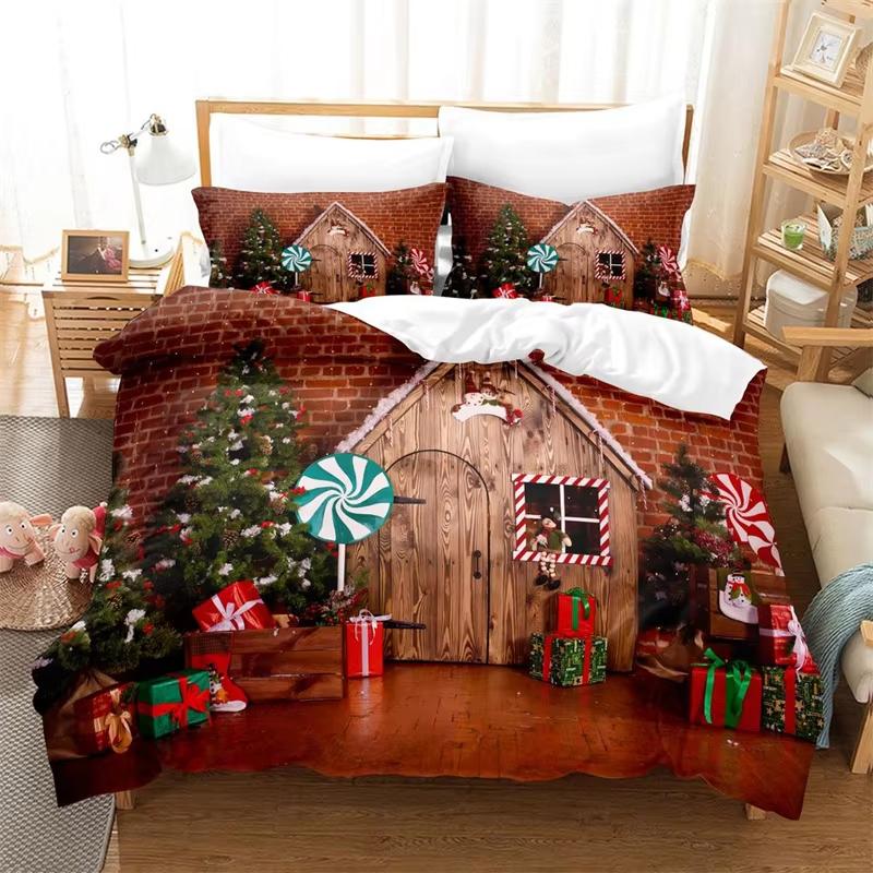 Comforter Christmas King Winter Theme Cartoon Bedding Set Microfiber Santa Claus Elk Carriage Comforter For Girl Boy