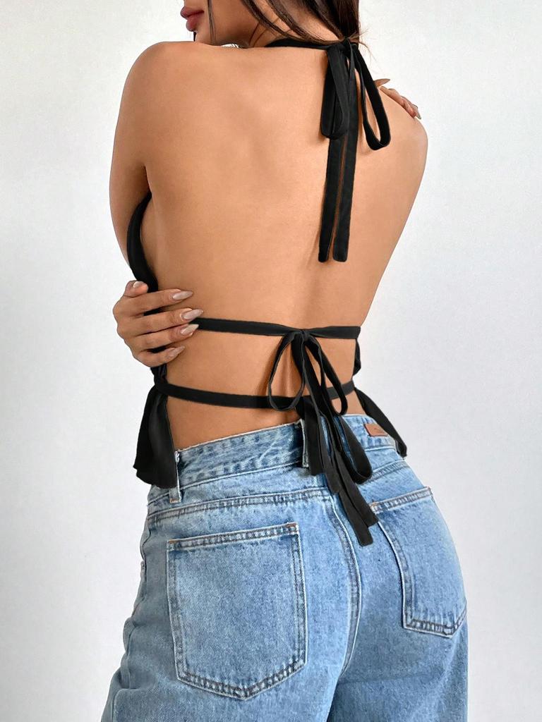 2026 Chiffon Pleated Halter Top with Open Back Lace-up Design