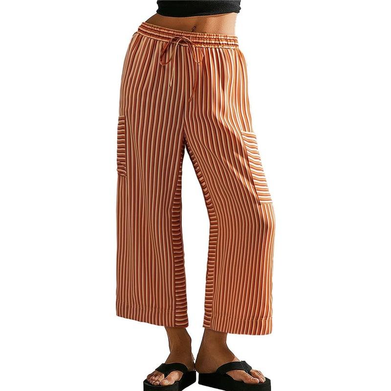 Women's pants summer striped straight pants drawstring wide-leg beach casual pants