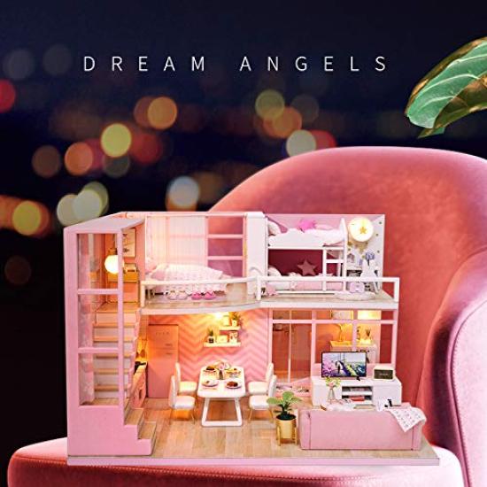 CUTEROOM DIY Wooden Dollhouse Kit with LED Lights Music Dustproof Furniture Miniature Handmade Miniature Gift for Girls and Creative Gift for Kids &
